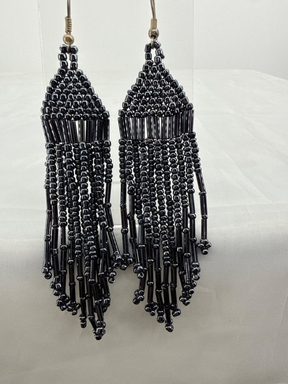 Vintage Metallic Black Glass Beaded Fringe Dangle Earrings Boho Grunge Goth